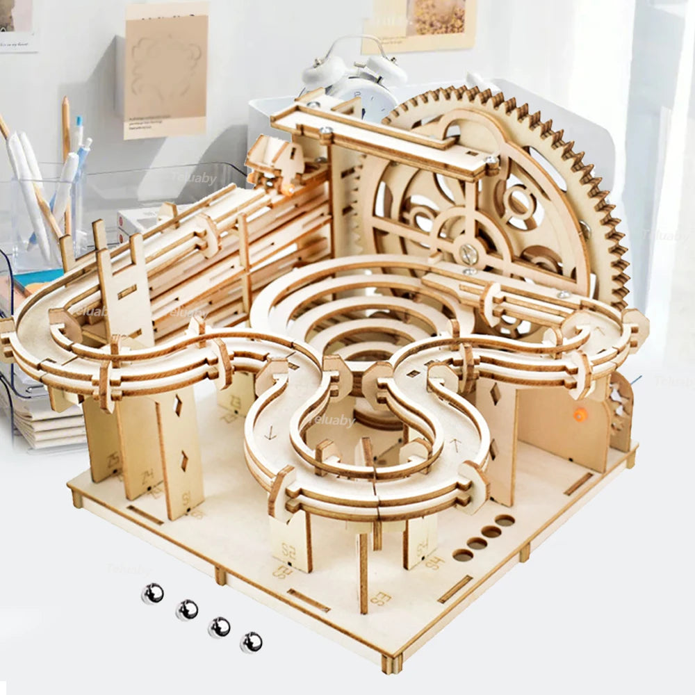 3D Wooden Puzzle DIY Mechanical Manual Model  Building Kits Assemble Toys Marble Run Set with 4 Ball for Adult Kids Gifts