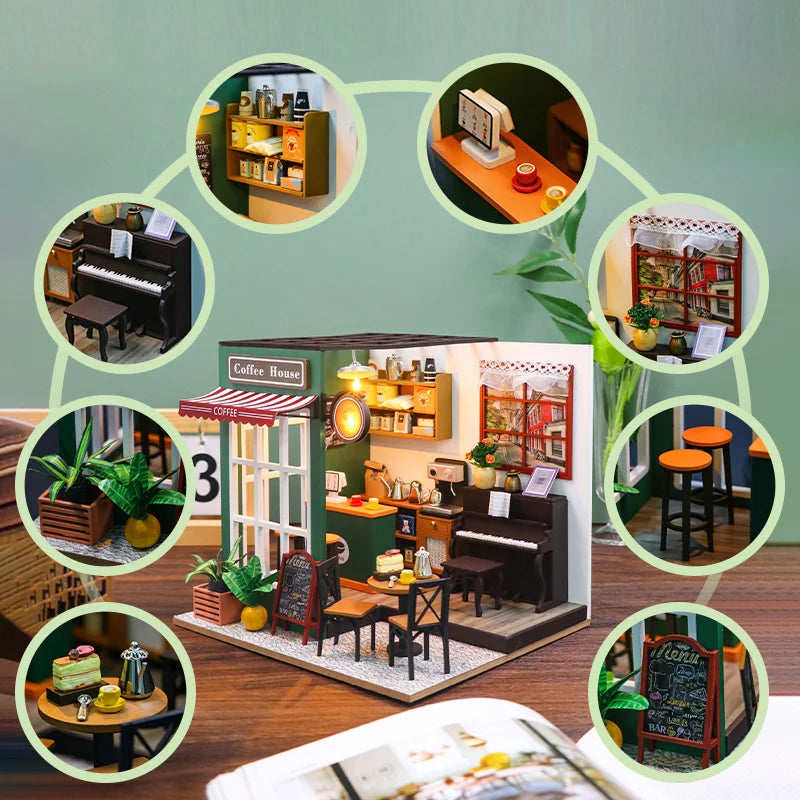 DIY 3D Puzzles Wooden Toy Miniature Dollhouse Handmade Doll House Model Building Kits Coffee House Toys For Children Gifts