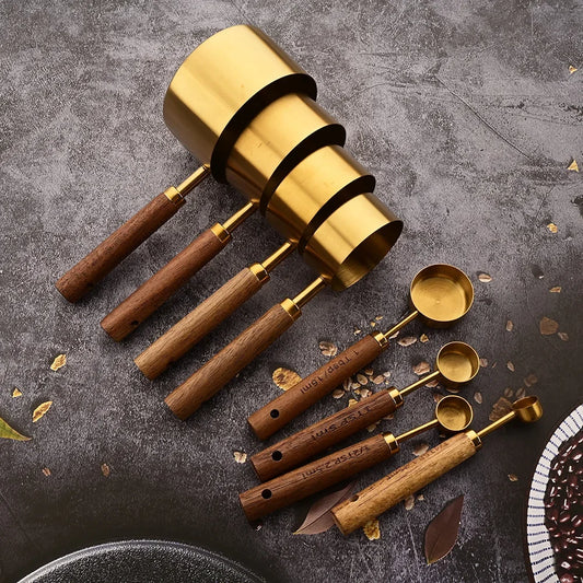 Gold Measuring Cups & Spoons Set - Stainless Steel with Wooden Handle