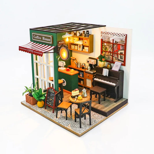 DIY 3D Puzzles Wooden Toy Miniature Dollhouse Handmade Doll House Model Building Kits Coffee House Toys For Children Gifts